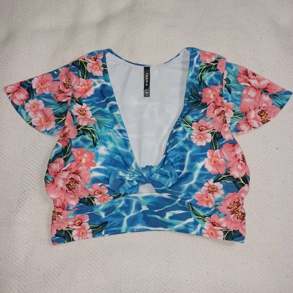*SOLD* Torrid Blue Pool Floral Wireless Flutter Sleeve Swim Top Size 0 - Picture 5 of 12